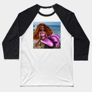 Mermaid with red braids relaxing on the rocks  with brown eyes, flowing Afro hair and caramel brown skin Baseball T-Shirt